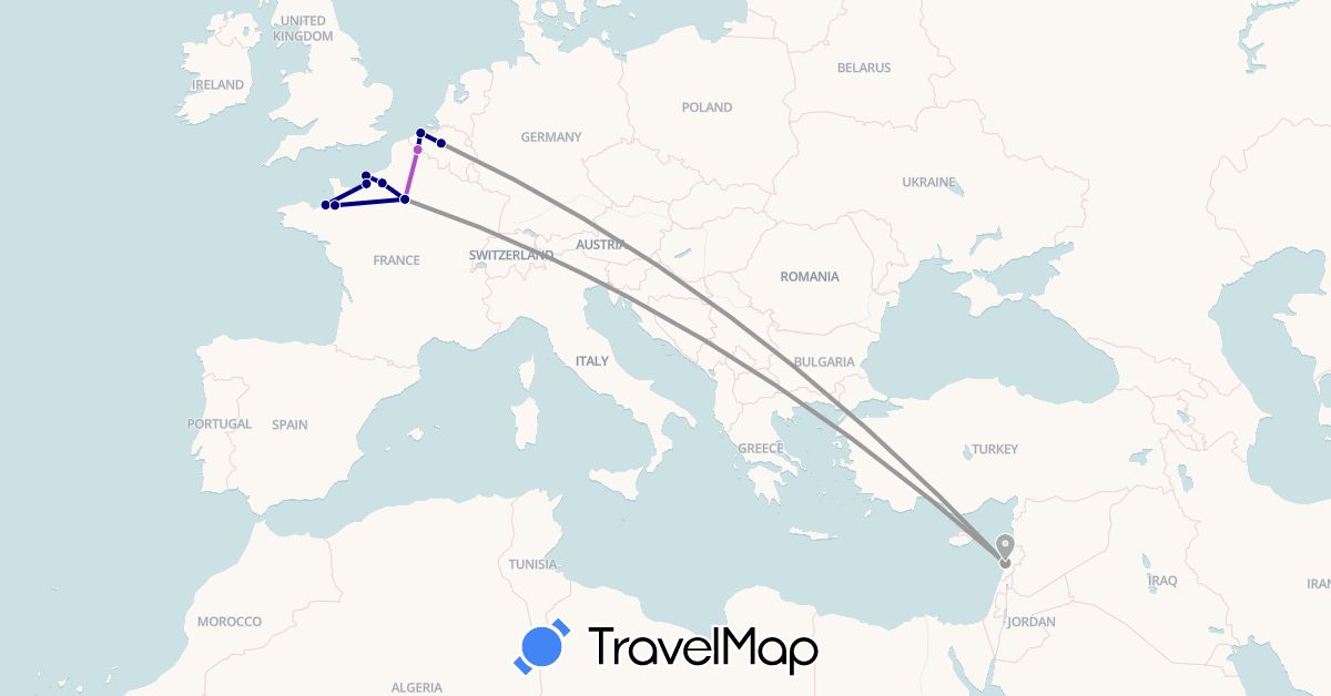 TravelMap itinerary: driving, plane, train in Belgium, France, Lebanon (Asia, Europe)